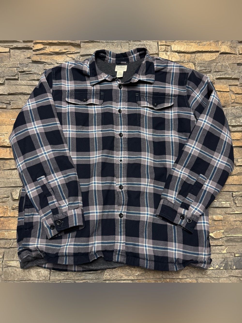 LL Bean Lined Flannel Plaid Shirt Jacket Mens 2XL Gray Black Button Down VTG Y2K